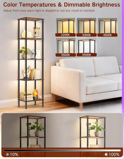 5 Tier Display Shelves with RGB Lights, Display Cabinet with Touch & APP & Remote Control, Dimmable Bookshelf with Music Sync, Adjustable Color Lighting for Living Room, Bedroom