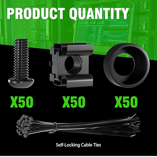 50 PACK M6 x 16mm Rack Mount Cage Nuts, Screws and Washers for Rack Mount Server Cabinet, Rack Mount Server Shelves, Routers, Rack Mount Screws and Square Insert Nuts, Self-Locking Cable Ties for Free