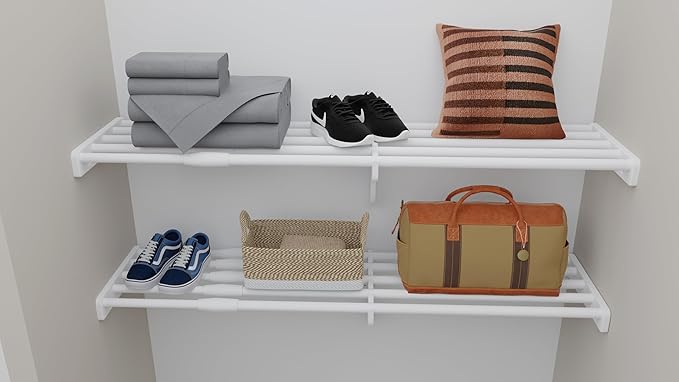 EZ Shelf - Expandable Linen Closet Shelves - 4 Pack of 28 to 48" Expandable Linen Shelves - White - Strong, Holds 100lbs/shelf - Easy to Install to 2 Side Walls- Wire Shelving Alternative