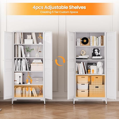 61" Tall Kitchen Pantry Storage Cabinet with 2 Doors and 4 Adjustable Shelve, Metal White Food Pantry Cabinet, Kitchen Cabinet Storage Unit,5 Tier Freestanding Cupboard for Kitchen Dining/Living Room