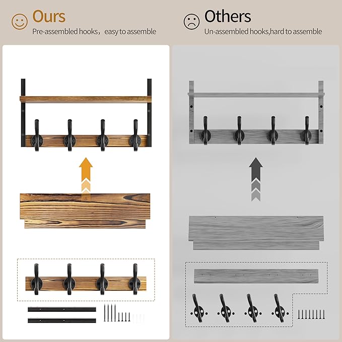 33 inch Coat Rack Wall Mount with Shelf, Set of 2 Entryway Wall Shelf with Hooks, Heavy Duty Coat Hanger Wall Mount for Living Room, Bedroom, Bathroom, Rustic Brown & Black