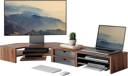 Fenge Dual Monitor Stand, Corner Monitor shelf with Drawer and Slide-Out Tray, 2 Tier Triangle Monitor Riser with Storage, Desk Shelf Organizer for Desk, Home Office, Computer, Laptop, Printer
