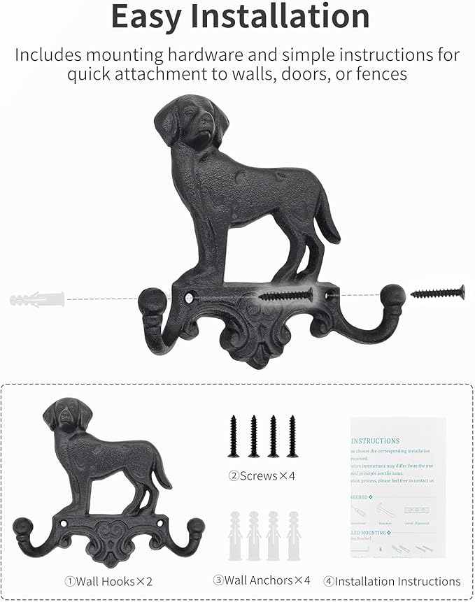 Cast Iron Dog Wall Hooks for Hanging, Heavy Duty Dog Leash Holder for Wall Mount Coat Hooks Decorative Key Hanger Vintage Farmhouse Entryway Cute Animal Decor Rustic Black 2 Pack