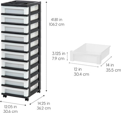 IRIS USA Plastic Drawer Storage Organizer Rolling Cart, with Wheels Casters, 10-Drawers, for Classroom Art Craft Supplies Dresser Closet Bathroom Laundry Room, Black/Pearl
