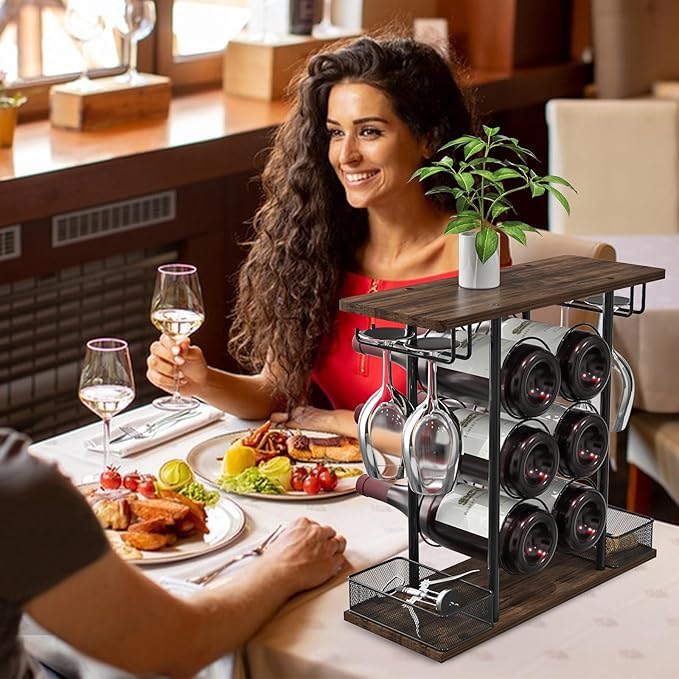 Countertop Wine Rack, 3 Tier Wood & Metal Small Wine Rack Up to Hold 6 Bottles and 4 Glasses, Wine Bottle Holder for Home Bar Tabletop Kitchen Cabinet, 6.29" D x 16.14" W x 15.82" H