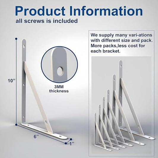 10 Inch Shelf Brackets, Set of 8 Steel (White, 10 inch 8 Pack)