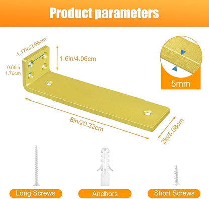 Gold Floating Shelf Brackets 8 inch, Heavy Duty Wall Shelf Bracket 8 Pack for Shelves Support, Hidden Metal L Brackets with Mounting Hardware (1/5'' Thick)