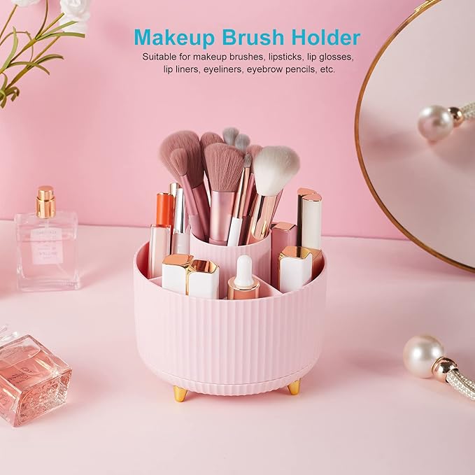 360 Degree Rotating Desk Pen/Pencil Holder, 5-Slot Organizer, Cute Pink Desk Accessory