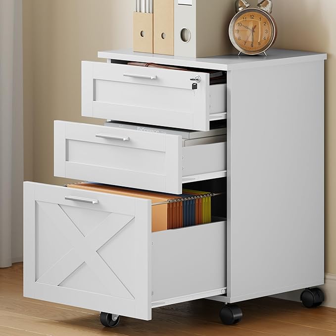 GarveeHome 3-Drawer File Cabinet with Lock, Mobile Under Desk Filing Cabinet for Home Office, Wood Storage Organizer for Letter/a4/Legal Size Documents, White