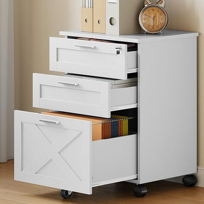 GarveeHome 3-Drawer File Cabinet with Lock, Mobile Under Desk Filing Cabinet for Home Office, Wood Storage Organizer for Letter/a4/Legal Size Documents, White