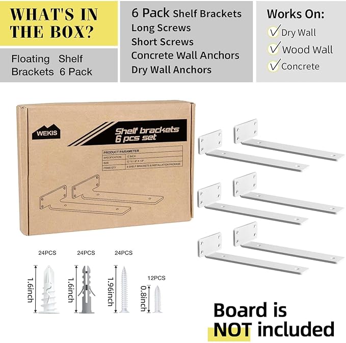 Shelf Brackets, Heavy Duty Floating Shelf Brackets 12-Inch Long, 6-Pack Brackets for Shelves, Matte White L Hidden Metal Wall Shelf Support Shelving Brackets, 1/5-Inch Thick 160 lb. Load Capacity