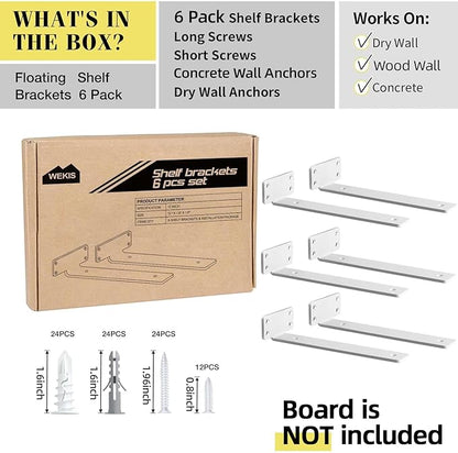 Shelf Brackets, Heavy Duty Floating Shelf Brackets 12-Inch Long, 6-Pack Brackets for Shelves, Matte White L Hidden Metal Wall Shelf Support Shelving Brackets, 1/5-Inch Thick 160 lb. Load Capacity