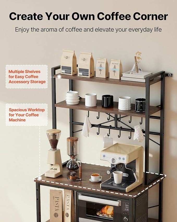 VEVOR Bakers Rack, 31.5 inch Width Microwave Stand,Kitchen Stand with X-Shaped Support Bar & 12 S-Shaped Hooks,Kitchen Storage Shelf for Dish Storage, Spice Jars, Coffee Bar Organization