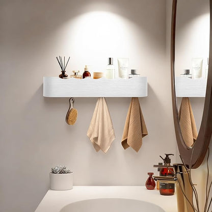 Wall Coat Rack Floating Shelves Modern Coat Rack Wall Mount with Storage Entryway Shelf Wooden Hanger 20 Inch 4 Hidden Metal Hooks for Living Room Bedroom (Wavy White, 5 Hooks)
