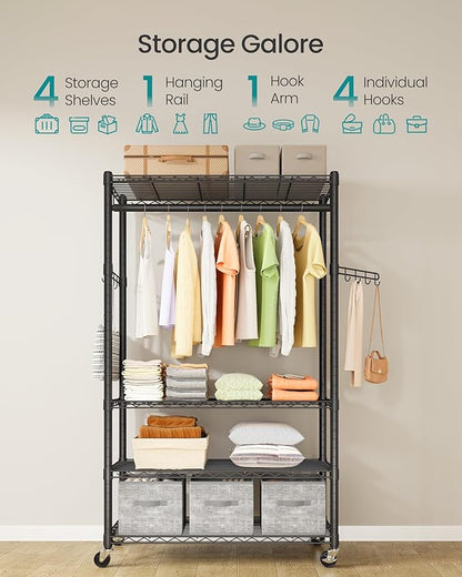 SONGMICS Heavy-Duty Rolling Clothes Rack, Garment Rack, Portable Closet on Wheels, with Adjustable Mesh Shelves and Hanging Rails, Hooks, 15.8 x 35.4 x 78.3 Inches, Ink Black ULGR418BH01