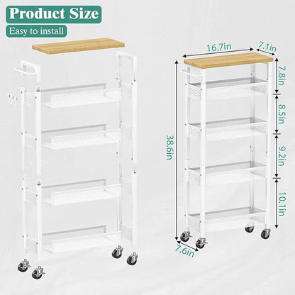 Giwil Slim Storage Cart 5 Tier Narrow Kitchen Rolling Cart on Wheels for Small Space, Metal Utility Cart Narrow Bathroom Storage Cabinet Mobile Shelf Unit Organizer with Wood Top and Handle, White