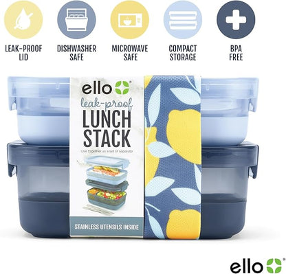 Ello 2-Pack Lunch Stack Plastic Food Storage Container Bento Box with Airtight, Leak-Proof Locking Plastic Lids and Silicone Base, BPA-Free, Freezer, Microwave, and Dishwasher Safe, Blueberry