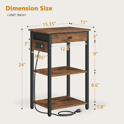 Printer Stand with Charging Station, 3-Tier Under Desk Printer Table, End Table with Storage Shelves for Home Office, Living Room,Bedroom,Bathroom,Brown