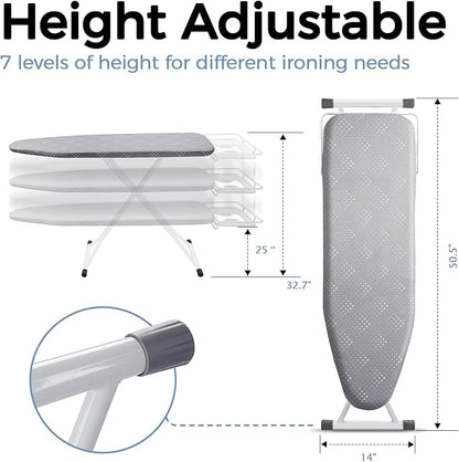 SheeChung Ironing Board 13"x43",Compact Ironing Board with Iron Rest,Folding Iron Board for Small Space,Heat Scorch Resistant Cover,Sturdy Metal Frame,7 Adjustable Height,Standing Ironing Table,Grey