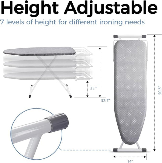 SheeChung Ironing Board 13"x43",Compact Ironing Board with Iron Rest,Folding Iron Board for Small Space,Heat Scorch Resistant Cover,Sturdy Metal Frame,7 Adjustable Height,Standing Ironing Table,Grey