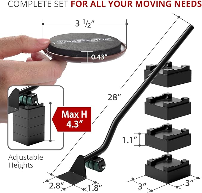 X-Protector Furniture Sliders for Carpet & Furniture Lifter Tool Set - 4 PCS 3 1/2" Sliders for Furniture with Foldable Furniture Jack. Move Your Furniture Easily with Furniture Movers for Carpets!