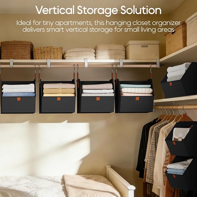 Collapsible Hanging Closet Organizer - 6 Tier Closet Shelves Storage System with Hooks, Fabric Hanging Storage Bins for Clothes, Foldable Storage Basket for Laundry, Bedroom, Rv, Black