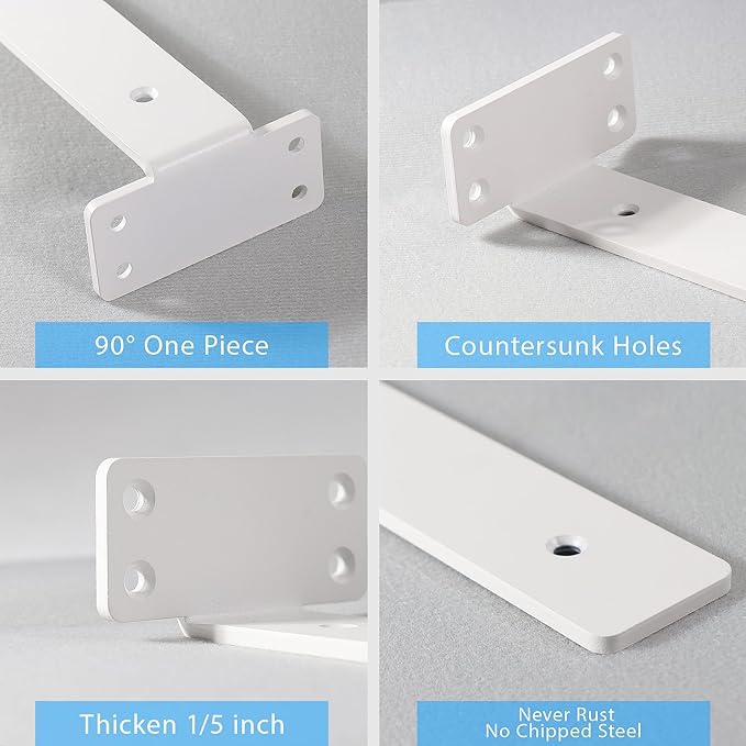 Shelf Brackets, Heavy Duty Floating Shelf Brackets 8-Inch Long, 6-Pack Brackets for Shelves, Matte White L Hidden Metal Wall Shelf Support Shelving Brackets, 1/5-Inch Thick 160 lb. Load Capacity