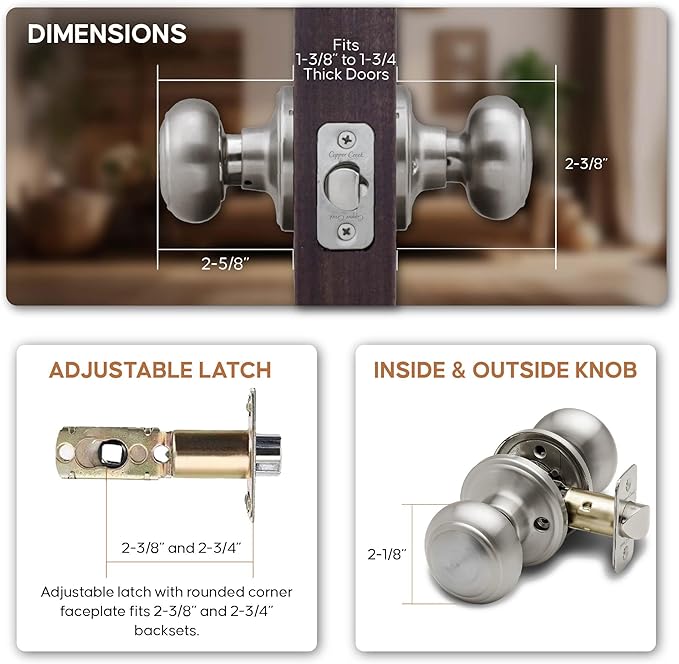 Copper Creek Colonial Passage Interior Door Knob – ANSI Grade-3 Certified, Modern Heavy Duty Handle, Easy Install and Reversible for Bedroom, Bathroom and Closets – Satin Stainless (1 Pack)