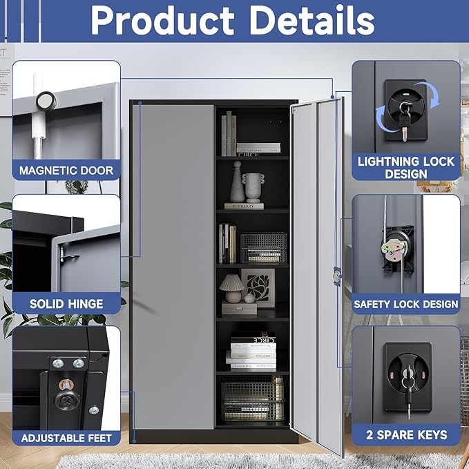 Metal Storage Cabinet with 2 Doors and 4 Adjustable Shelves, 71" Steel Garage Storage Cabinet, Locking Tool Cabinets for Office, Home,School,Kitchen,Garage Tool Utility Cabinet Black Grey