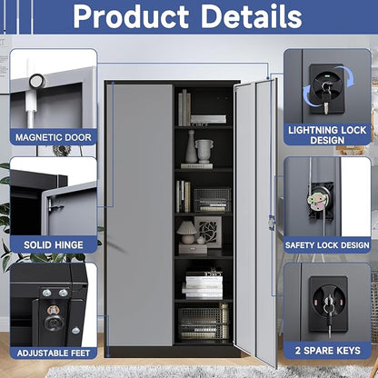 Metal Storage Cabinet with 2 Doors and 4 Adjustable Shelves, 71" Steel Garage Storage Cabinet, Locking Tool Cabinets for Office, Home,School,Kitchen,Garage Tool Utility Cabinet Black Grey