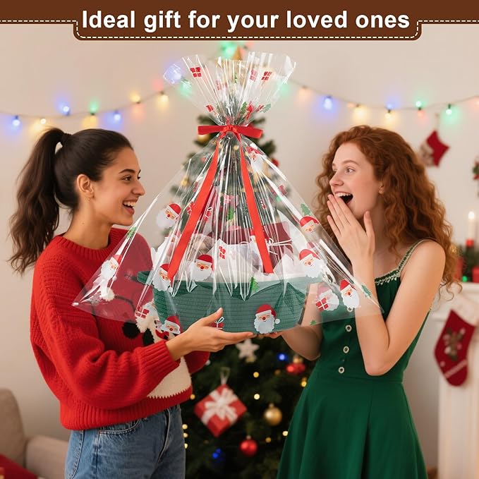 OIAHOMY Gift Basket with Handle, Small Woven Basket with Gift Bag, Ribbon and Wrap Tissue Paper, Nursery Bins Empty to Fill with Small Items, Baby, Pet Toy Organizer - Christmas Green