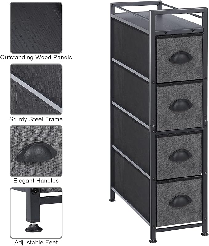 HAITRAL Narrow Dresser - 4 Drawers Slim Fabric Storage Cabinet - Vertical Standing Storage Chest - Gaps Tower Organizer with Removable Drawers and Wooden top for Laundry,Closet,Living Room,Entryway
