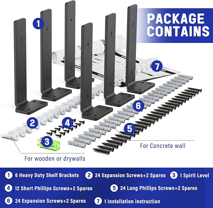 Goovilla Shelf Bracket, Heavy Duty Floating Shelf Brackets 8 inch Long, 6 Pack Brackets for Shelves, Black Coated Metal Wall Shelf Support Brackets with 1/5 Inch Thick and 160 lb. Load Capacity