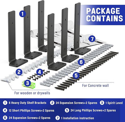 Goovilla Shelf Bracket, Heavy Duty Floating Shelf Brackets 8 inch Long, 6 Pack Brackets for Shelves, Black Coated Metal Wall Shelf Support Brackets with 1/5 Inch Thick and 160 lb. Load Capacity