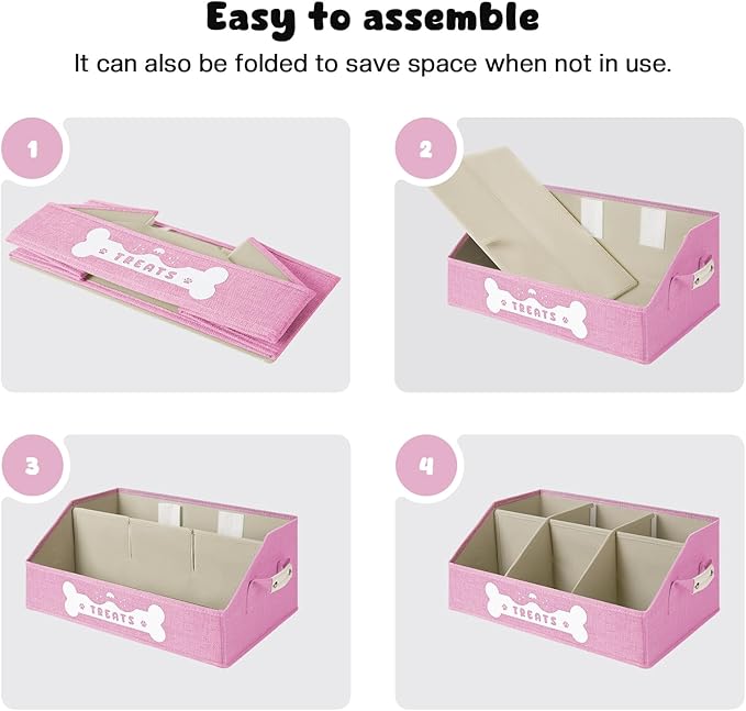 Dog Treat Container, Dogs Storage Organizer with Removable Dividers, Collapsible Dogs Treat Holder for Countertop, Trapezoid Pet Treats Containers, Dog Toy Basket with PU Handles, Medium, Pink