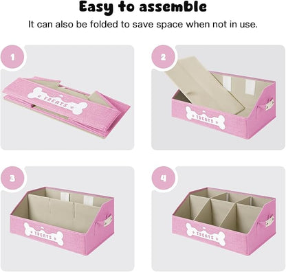 Dog Treat Container, Dogs Storage Organizer with Removable Dividers, Collapsible Dogs Treat Holder for Countertop, Trapezoid Pet Treats Containers, Dog Toy Basket with PU Handles, Medium, Pink