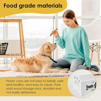 Dog Treat Container Wood Dog Food Storage Container with 2 Plastic Jars Rustic Cat Treat Container Practical Pet Treat Storage Organizer (White)
