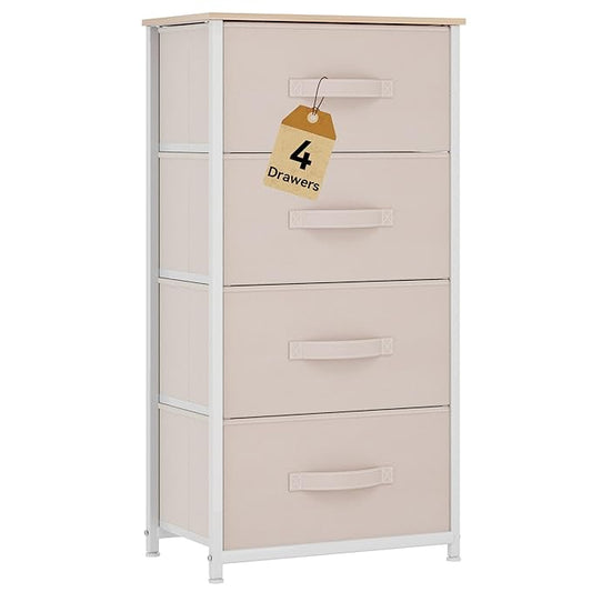 DWVO Storage Tower with 4 Drawers - Fabric Dresser, Organizer Unit for Bedroom, Living Room, Closets - Sturdy Steel Frame, Easy Pull Fabric Bins & Wooden Top (Cream White)