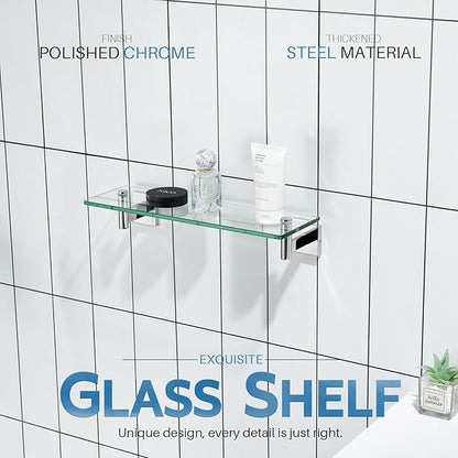 KOKOSIRI Bathroom Shelves Wall Mounted Floating Glass Shelf Polished Stainless Steel 16-Inch Hanging Rack for Storage/Room Decor 2 Pack B1105CH-L16-P2