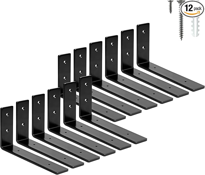 ELSKER&HOME Shelf Brackets 8 Inch, 12 Pack Floating Shelf L Brackets for Shelves Support, Black Metal Heavy Duty Shelf Brackets for DIY Decorative