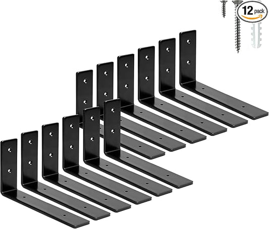 ELSKER&HOME Shelf Brackets 8 Inch, 12 Pack Floating Shelf L Brackets for Shelves Support, Black Metal Heavy Duty Shelf Brackets for DIY Decorative