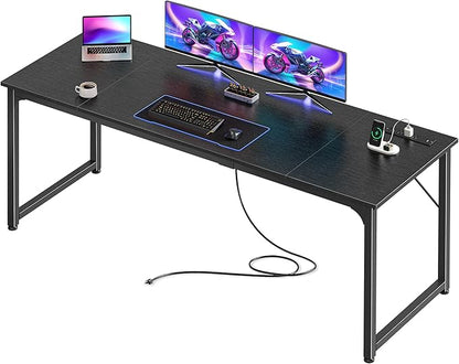 PRAISUN 70 X 24 Inch Office Computer Desk with Power Outlets and USB-C Port, Larger and Longer Gaming Desk, for Home Office, Study, Writing Work from Home Table, Metal Frame, Black