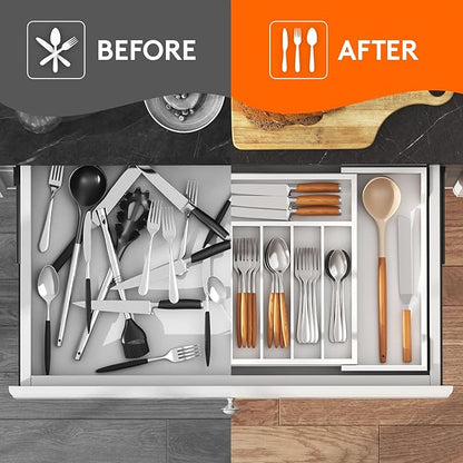Lifewit Silverware Drawer Organizer, Expandable Utensil Tray for Kitchen, Flatware and Cutlery Holder, Wood Adjustable Storage for Spoons Forks Knives, 13-22x15/ 33-56x38cm, White