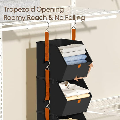 Collapsible Hanging Closet Organizer - 6 Tier Closet Shelves Storage System with Hooks, Fabric Hanging Storage Bins for Clothes, Foldable Storage Basket for Laundry, Bedroom, Rv, Black