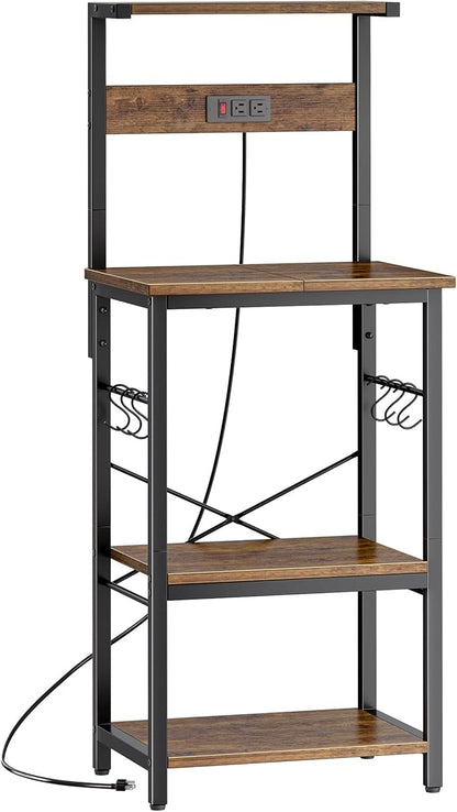 SUPERJARE 4 Tier Bakers Rack with Power Outlets, Microwave Stand with Adjustable Shelf, Kitchen Shelf Organizer for Small Space, Coffee Bar with 6 S Hooks, Kitchen Storage Rack, Rustic Brown