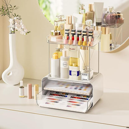 Delamu Bathroom Counter Organizer 2-Drawers 2-Tier Acrylic Makeup Organizer for Vanity Countertop, Skincare Perfume Storage, Easy Assembly, Ideal for Women, Bath Linen Sets, Clear