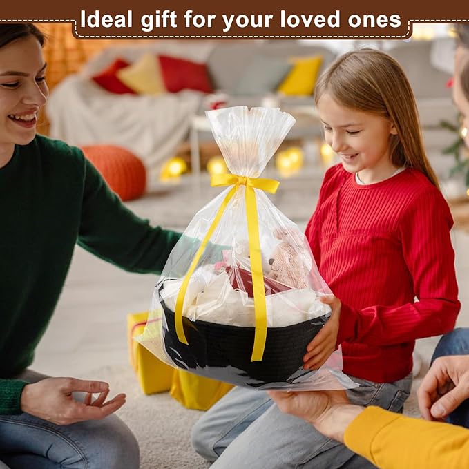 OIAHOMY Gift Basket with Handle, Small Woven Basket with Gift Bag, Ribbon and Wrap Tissue Paper, Nursery Bins Empty to Fill with Small Items, Baby, Pet Toy Organizer - Black