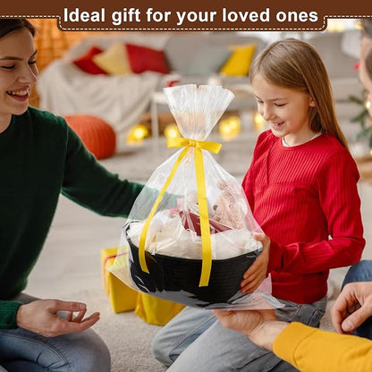 OIAHOMY Gift Basket with Handle, Small Woven Basket with Gift Bag, Ribbon and Wrap Tissue Paper, Nursery Bins Empty to Fill with Small Items, Baby, Pet Toy Organizer - Black
