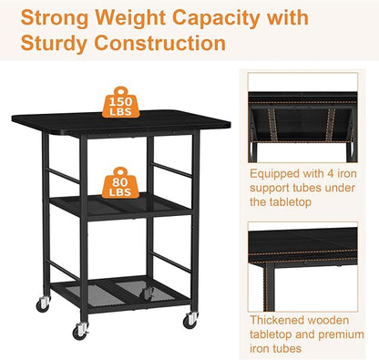 Snughome 3-Tier Printer Stand, 19.7" D×23.6" W×26.5" H Extra Large Printer Table with Storage Shelves, Rolling Cart with Lockable Wheels for Home Office, Black