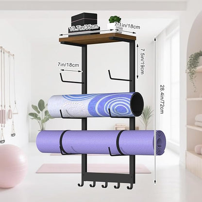 Yoga Mat Holder Wall Mount, Yoga Mats Storage Rack, Home Gym Wall Organizer Holder with Wood Floating Shelf and 5 Hooks, Storage Rack for Hanging Foam Roller/Band/Workout Equipment, Black